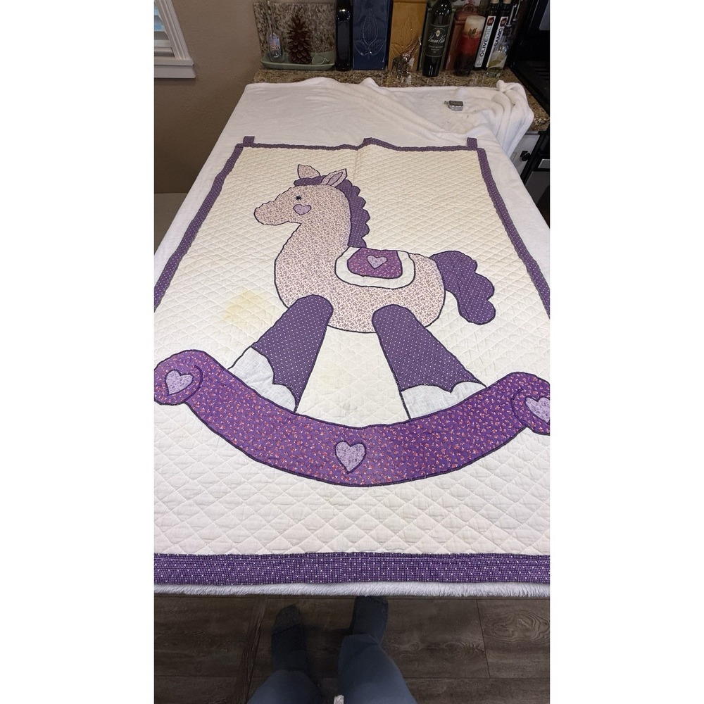 Handmade‎ Purple Rocking Horse Baby Quilt Nursery Wall Hanging 42x32